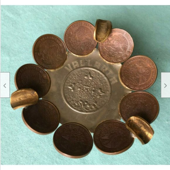 Vtg Mayan Sun God Mexican Metal Ash Tray Centavos 1950s 60s 70s Coins - Picture 2 of 6